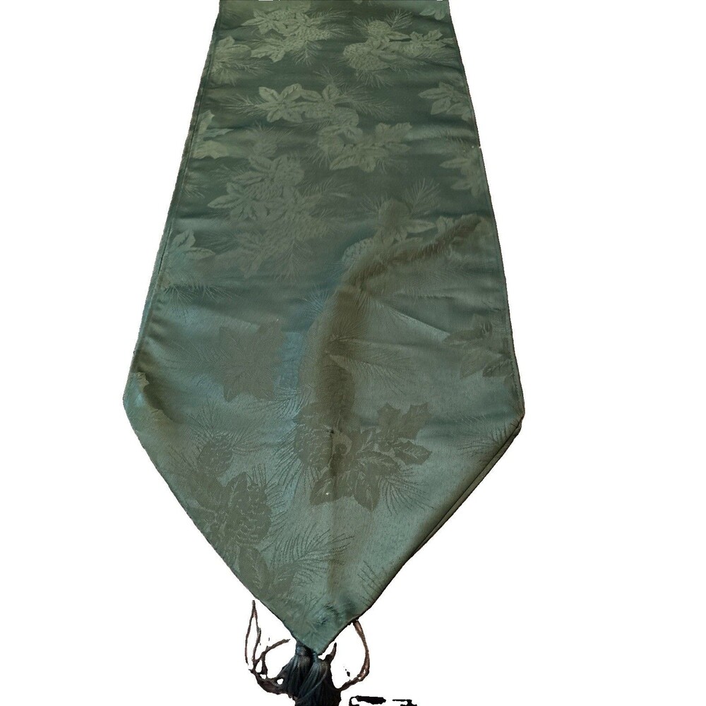 Green Jacquard Table Runner & 4 Napkins Poinsettia Pinecones Holiday Christmas